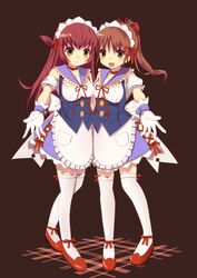  2girls apron ascot bad_id bad_pixiv_id blush brown_background brown_hair choker frills gloves green_eyes idol_janshi_suchie-pai long_hair maid maid_headdress misaki_shouko mizuno_yuki multiple_girls nekomo ponytail red_hair shoes short_hair skirt smile thighhighs white_legwear 