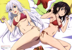  2girls :d absurdres ass-to-ass bikini black_hair blue_eyes blush breasts brown_eyes christmas cleavage grey_hair hair_between_eyes hat highres himeragi_yukina imoto_yuki la_folia_rihavein large_breasts long_hair multiple_girls official_art open_mouth santa_bikini santa_hat side-tie_bikini_bottom smile strike_the_blood swimsuit underboob 