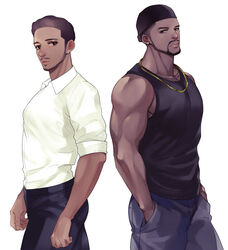  2boys aged_up animification bad_id bad_pixiv_id bandana beard black_eyes black_hair chiron_(moonlight) dark-skinned_male dark_skin dress_shirt dual_persona facial_hair jewelry male_focus manly matsu_(bandan) moonlight_(movie) moustache multiple_boys muscular necklace shirt tank_top teenage 