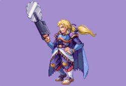  1boy abysswolf blonde_hair blue_eyes cape circular_saw commentary_request edgar_roni_figaro final_fantasy final_fantasy_vi hand_on_own_hip long_hair low_ponytail male_focus pixel_art ponytail purple_background saw solo wrist_guards 