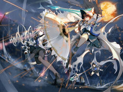  3girls action annihilate_luxifer battle black_thighhighs boots braid brown_hair cape commentary_request drill_hair glasses highres ky_(nimbusky) long_hair moon multiple_girls pantyhose park photoshop_(medium) purple_eyes red_eyes shield sparks staff sword thighhighs torn_clothes twin_braids very_long_hair weapon white_hair 