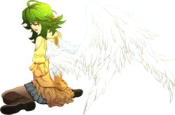  ahoge angel angel_wings bare_shoulders between_legs boots brown_pantyhose closed_eyes clothing_cutout commentary dress feathered_wings female from_behind full_body green_hair gumi hair_ornament hand_between_legs headdress ikunosake pantyhose pleated_skirt shoulder_cutout sitting skirt skirt_under_dress solo transparent_background vocaloid wariza white_wings wings yellow_dress 