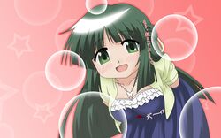  blue_dress dress green_eyes green_hair hidamari_sketch highres long_hair supersonicdarky yoshinoya 