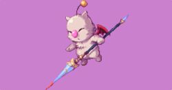  1boy abysswolf closed_eyes commentary_request demon_wings final_fantasy final_fantasy_vi floating mog moogle pixel_art polearm purple_background spear weapon white_fur wings 