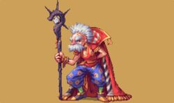  1boy abysswolf arms_behind_back brown_background cape commentary_request facial_hair final_fantasy final_fantasy_vi grey_hair male_focus moustache old old_man pixel_art solo staff strago_magus thick_eyebrows 