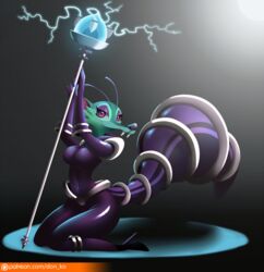  2016 alien antennae_(anatomy) anthro biped blue_sky_studios bodysuit boots breasts clothed clothing don_ko fangs female footwear fur gradient_background green_body green_fur hi_res high_heeled_boots high_heels ice_age_(series) kneeling looking_at_viewer mammal pose purple_eyes rodent saber-toothed_squirrel sabertooth_(anatomy) scratazon scratazon_leader shoes simple_background skinsuit smile solo staff teeth tight_clothing 