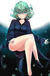  amatsuba_mimina aqua_eyes breasts commentary_request crossed_legs female green_hair legs looking_at_viewer one-punch_man short_hair small_breasts solo tatsumaki telekinesis thighs 