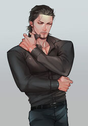  1boy bad_id bad_pixiv_id beard black_hair black_shirt dojima_daigo dress_shirt facial_hair hand_on_own_shoulder male_focus matsu_(bandan) ryuu_ga_gotoku_(series) ryuu_ga_gotoku_5 shirt solo unbuttoned unbuttoned_shirt 