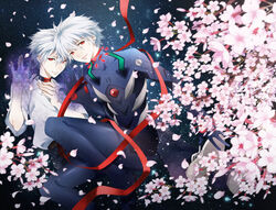  2boys bad_id bad_pixiv_id cherry_blossoms choker dual_persona evangelion:_3.0_you_can_(not)_redo kazu_sanbon male_focus multiple_boys nagisa_kaworu neon_genesis_evangelion open_mouth photoshop_(medium) plugsuit rebuild_of_evangelion red_eyes red_ribbon ribbon smile white_hair 