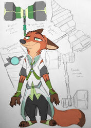  2017 anthro canid canine claws clothed clothing disney english_text fox fur green_eyes hi_res looking_at_viewer male mammal multicolored_body multicolored_fur nick_wilde red_fox solo standing text toe_claws true_fox weapon xx-junglebeatz-xx zootopia 