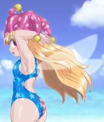  adapted_costume american_flag_swimsuit armpits ass bare_arms blonde_hair breasts clownpiece commentary_request competition_swimsuit day fairy_wings female flag_print from_side hat jester_cap long_hair one-piece_swimsuit outdoors pink_eyes polka_dot print_swimsuit profile small_breasts solo swimsuit touhou very_long_hair water wings winn 