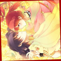  1boy bad_id bad_pixiv_id black_hair blush couple eye_contact female hair_ornament hair_rings hair_stick holding_another&#039;s_wrist judal looking_at_another magi_the_labyrinth_of_magic ocha_(hutuumikan) photoshop_(medium) pink_eyes red_eyes red_hair ren_kougyoku shawl straight 