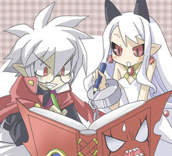  black_sclera book disgaea karina lowres mao_(disgaea) pencil phantom_kingdom pointy_ears pram red_eyes white_hair zetta zetta_(phantom_kingdom) 