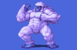  1boy abs abysswolf blue_background blue_eyes blue_skin colored_skin commentary_request fangs final_fantasy final_fantasy_vi male_focus monster pixel_art solo umaro white_fur yeti_(creature) 