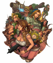  1boy 3girls abs bad_id bad_pixiv_id bandana beard breasts cleavage facial_hair fio_germi glasses hadouken hat hyakutaro_ichimonji ibanen jetpack kasamoto_eri large_breasts metal_slug military military_uniform military_vehicle motor_vehicle multiple_girls muscular pointer prisoner_of_war_(metal_slug) short_shorts shorts snk soldier sophia_greenville stuffed_animal stuffed_toy sv001_(metal_slug) tank teddy_bear uniform 