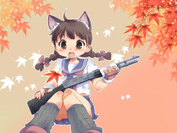  alternate_eye_color autumn bandage black_hair braid brown_eyes female from_below gun hair_ribbon leaf leaves looking_at_viewer milly_(paperman) oerba_yun_fang oosuzu_aoi open_mouth orange_background paper_man paperman pixiv_026999 ribbon rifle school_uniform skirt smile solo twin_braids weapon 