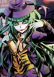  batman_(series) breasts cleavage commentary_request cosplay dc_comics female formal gloves green_eyes green_hair head_wings highres joker_(dc) joker_(dc)_(cosplay) large_breasts long_hair long_sleeves makeup morrigan_aensland necktie smile solo suit vampire_(game) vermillion_dice wings 