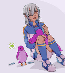  1boy bad_id bad_pixiv_id bird ediblepanda eyepatch fish grey_hair inazuma_eleven inazuma_eleven_(series) jacket male_focus penguin sakuma_jirou sitting solo 