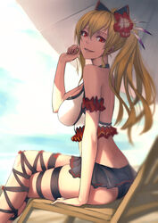  ass backlighting bad_id bad_pixiv_id beach bikini_skirt blonde_hair blue_sky breasts chair cloud crossed_legs day flower granblue_fantasy hair_flower hair_ornament highres large_breasts leg_ribbon long_hair looking_at_viewer open_mouth outdoors parasol ponytail red_eyes ribbon shijiu_(adamhutt) sitting sky smile solo umbrella very_long_hair vira_lilie 