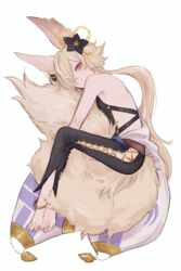  1boy animal_ears anklet backless_outfit barefoot commentary_request erune fox_ears granblue_fantasy gucha_(netsu) hair_ornament hugging_own_tail hugging_tail jewelry kou_(granblue_fantasy) large_tail long_hair looking_at_viewer male_focus red_eyes smile tail 