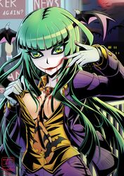  batman_(series) breasts cleavage commentary_request cosplay dc_comics female formal gloves green_eyes green_hair head_wings highres joker_(dc) joker_(dc)_(cosplay) large_breasts long_hair long_sleeves makeup morrigan_aensland necktie smile solo suit vampire_(game) vermillion_dice wings 