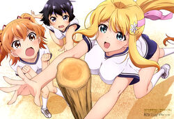  3girls :d absurdres alternate_hairstyle arisugawa_reiko black_hair blonde_hair blue_eyes brown_eyes buruma green_eyes gym_uniform hair_ribbon headband highres hirata_kazuya jinryou_karen kneehighs multiple_girls official_art open_mouth orange_hair ore_ga_ojou-sama_gakkou_ni_&quot;shomin_sample&quot;_toshite_rachirareta_ken ponytail ribbon shoes smile sneakers socks sportswear tenkuubashi_aika two_side_up wavy_mouth white_legwear 