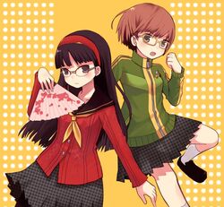  2girls amagi_yukiko bad_id bad_pixiv_id black_legwear cardigan glasses houndstooth jacket long_hair multiple_girls nekomo open_mouth pantyhose persona persona_4 satonaka_chie school_uniform short_hair skirt track_jacket unmoving_pattern 