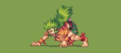  1boy abysswolf all_fours commentary_request fangs final_fantasy final_fantasy_vi gau green_background green_hair long_hair male_focus pixel_art red_eyes shorts solo wristband 