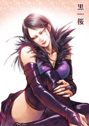  black_hair black_thighhighs breasts character_name cleavage commentary_request female fingerless_gloves fur_trim gloves kingdom_(series) kokuou_(kingdom) large_breasts long_hair photoshop_(medium) solo thighhighs yona_(edenkasuga) 