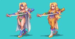  abysswolf alternate_costume blonde_hair blue_background blue_eyes cape capelet celes_chere commentary_request female final_fantasy final_fantasy_vi green_leotard leotard long_hair multiple_views pixel_art sword variations weapon wrist_guards 