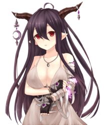  bad_id bad_pixiv_id bandages black_gloves black_hair breasts cleavage danua draph female fingerless_gloves gloves granblue_fantasy horns isao_(wasamoti) large_breasts long_hair pointy_ears red_eyes simple_background solo white_background 