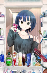  aoi_kujira bathroom black_shirt blue_hair blue_nails bra_strap breasts brush cellphone check_commentary closed_mouth collarbone comb commentary_request door eyebrows eyelashes faucet female female_pov hair_dryer hair_ornament hair_straightener hair_tie hairband hairpin holding indoors lens_flare long_sleeves looking_at_viewer lotion_bottle massager medium_breasts mirror mouthwash nail_polish off-shoulder_shirt off_shoulder open_door original phone polka_dot polka_dot_object pose pov reflection selfie shirt short_hair sleeves_past_wrists smartphone smile soap_bottle solo strap striped switch taking_picture toothbrush toothpaste unworn_hairband upper_body v wall wire yellow_eyes 