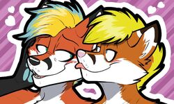  2016 anthro black_body black_fur black_markings black_nose blonde_hair blue_eyes blue_hair blush brown_body brown_fur brown_markings canid canine cj_fox digital_media_(artwork) duo eye_contact face_lick facial_markings fangs fox foxeh frankieancelotti fur green_eyes hair half-closed_eyes head_markings heart_symbol licking looking_at_another male male/male mammal markings multicolored_body multicolored_fur multicolored_hair narrowed_eyes open_mouth orange_body orange_fur pattern_background pink_background pink_nose pink_tongue romantic romantic_couple simple_background striped_background teeth tongue tongue_out two_tone_hair white_body white_fur 