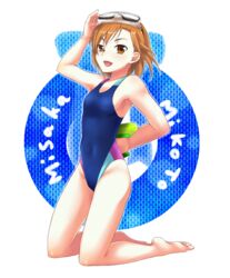  24a armpits barefoot brown_eyes brown_hair commentary_request competition_swimsuit diving_mask female flat_chest full_body goggles highleg highleg_swimsuit highres kneeling misaka_mikoto one-piece_swimsuit revision salute short_hair solo swimsuit toaru_kagaku_no_railgun toaru_majutsu_no_index transparent_background water_gun 