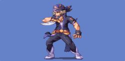  1boy abysswolf bandana belt blue_background commentary_request final_fantasy final_fantasy_vi fingerless_gloves gloves grey_hair knife locke_cole male_focus pixel_art sash solo 