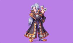  1boy abysswolf ace_(playing_card) ace_of_diamonds ace_of_hearts ascot card coat commentary_request diamond_(shape) final_fantasy final_fantasy_vi hand_in_pocket heart holding holding_card long_hair male_focus pixel_art playing_card purple_background scar scar_across_eye setzer_gabbiani solo white_hair 