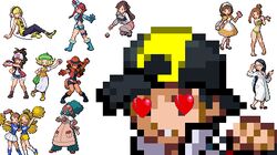  6+girls ^_^ adjusting_glasses aliasing aloe_(pokemon) apron art artist_request backers_(pokemon) bangs bel_(pokemon) bell_(pokemon) belt bikini black_hair blonde_hair brown_hair cheerleader clerk_(pokemon) cutoffs dress ethan_(pokemon) fuuro_(pokemon) game_sprite glasses gold_(pokemon) green_hair gym_leader hat heart heart_eyes hibiki_(pokemon) high_ponytail kamitsure_(pokemon) labcoat long_hair long_skirt looking_back lowres midriff miniskirt multiple_girls nintendo npc npc_trainer office_lady office_lady_(pokemon) pants pencil_skirt pixel pixel_art pkmn_ranger_(pokemon) poke_ball pokeball pokemon pokemon_(game) pokemon_black_and_white pokemon_bw pokemon_heartgold_and_soulsilver pokemon_hgss pokemon_ranger pokemon_ranger_(npc) ponytail scientist_(pokemon) short_hair short_shorts shorts side_ponytail simple_background sitting skirt smile squatting standing swimmer_(pokemon) swimsuit symbol-shaped_pupils touko_(pokemon) touko_(pokemon) trainer_class tray very_long_hair waitress waitress_(pokemon) white_background 