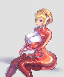  aegis_(persona) blonde_hair blue_eyes bodysuit breast_support breasts cleavage cleavage_cutout cutesexyrobutts female huge_breasts large_ass long_hair persona persona_3 persona_5 red_bodysuit red_clothes robot robot_girl shiny shiny_clothes short_hair sitting solo stockings takamaki_anne takamaki_anne_(cosplay) 