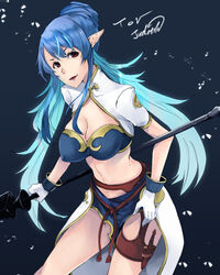  blue_background blue_hair breasts character_name cleavage_cutout clothing_cutout commentary_request copyright_name elf female gloves highres judith_(tales) knife lance large_breasts mille_(dieci) navel photoshop_(medium) pointy_ears polearm red_eyes solo tales_of_(series) tales_of_vesperia weapon 