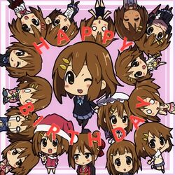  6+girls amano_kouki bikini brown_eyes brown_hair casual chibi closed_eyes commentary_request fuwafuwa_time happy_birthday hirasawa_yui japanese_clothes k-on! kimono maid multiple_girls multiple_persona one_eye_closed pantyhose sakuragaoka_high_school_uniform santa_costume scarf school_swimsuit school_uniform sleepwear swimsuit track_suit yukata 