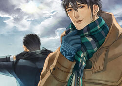  2boys bad_id bad_pixiv_id beard black_gloves black_hair cloud cloudy_sky coat dojima_daigo facial_hair formal gloves male_focus matsu_(bandan) multiple_boys ryuu_ga_gotoku_(series) ryuu_ga_gotoku_5 scarf shinada_tatsuo sky suit winter_clothes 