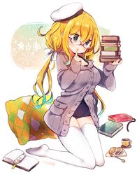  bad_id bad_pixiv_id blonde_hair blue_eyes book cardigan cup female food full_body glasses hat holding holding_book i-8_(kancolle) kantai_collection long_hair natsumi_(natumi06) no_shoes open_book pillow pocket school_swimsuit solo stollen swimsuit swimsuit_under_clothes teacup thighhighs twintails white_thighhighs 