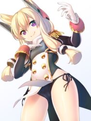  &gt;:) azur_lane black_panties blonde_hair commentary_request epaulettes female from_below gloves hair_ornament long_hair looking_at_viewer panties purple_eyes side-tie_panties simple_background smile solo underwear v-shaped_eyebrows warspite_(azur_lane) white_background white_gloves yagitori 