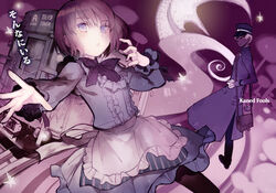  1boy a_(shiei_no_sona-nyl) akira_(kaned_fools) apron blue_eyes brown_hair commentary_request dark_skin dress female lily_(shiei_no_sona-nyl) photoshop_(medium) purple_eyes purple_theme ribbon shiei_no_sona-nyl short_hair steampunk_(liarsoft) train 