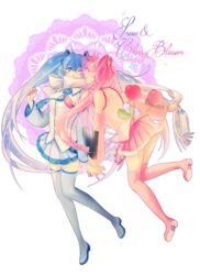  2girls blue_eyes blue_hair boots cherry closed_eyes commentary_request detached_sleeves earmuffs flower_(symbol) food fruit full_body hatsune_miku heart holding_hands interlocked_fingers long_hair miniskirt multiple_girls necktie one_eye_closed pink_hair pleated_skirt sakura_miku scarf skirt smile snowflake_print thigh_boots thighhighs transparent_background twintails udo_(zzinya) very_long_hair vocaloid yuki_miku yuki_miku_(2011) zettai_ryouiki 