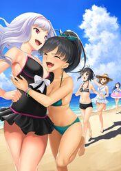  5girls :d aqua_bikini barefoot beach bikini bikini_shorts bikini_top_only black_hair black_one-piece_swimsuit black_shorts blue_bikini blue_hair blue_sky bracelet breasts casual_one-piece_swimsuit cleavage closed_eyes cloud commentary_request day dress floating_hair ganaha_hibiki grey_hair gyouza_teishoku hagiwara_yukiho hairband hand_on_headwear hat hat_ribbon high_ponytail hug idolmaster idolmaster_(classic) innertube jewelry kikuchi_makoto kisaragi_chihaya large_breasts leg_up long_hair medium_breasts multiple_girls navel ocean oerba_yun_fang one-piece_swimsuit open_mouth outdoors pink_hairband ponytail red_eyes ribbon shijou_takane short_dress short_hair shorts sideboob sky sleeveless sleeveless_dress small_breasts smile standing straw_hat striped_bikini striped_clothes sun_hat sweatdrop swim_ring swimsuit transparent white_dress white_ribbon 