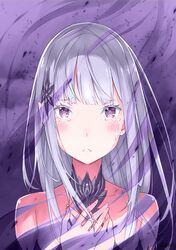  bad_id bad_pixiv_id blush choker collarbone colorized crying crying_with_eyes_open female grey_hair hair_ornament long_hair looking_at_viewer novel_illustration official_art ootsuka_shin&#039;ichirou pointy_ears portrait purple_eyes re:zero_kara_hajimeru_isekai_seikatsu satella_(re:zero) solo tears 