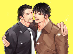  2boys arm_around_shoulder bad_id bad_pixiv_id beard black_hair black_shirt brown_jacket dojima_daigo dress_shirt facial_hair jacket male_focus matsu_(bandan) multiple_boys necktie one_eye_closed ryuu_ga_gotoku_(series) ryuu_ga_gotoku_5 shinada_tatsuo shirt simple_background smile sparkle yellow_background 