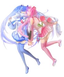  2girls blue_eyes blue_hair boots cherry closed_eyes commentary_request detached_sleeves earmuffs flower_(symbol) food fruit full_body hatsune_miku heart highres holding_hands interlocked_fingers long_hair miniskirt multiple_girls necktie one_eye_closed pink_hair pleated_skirt sakura_miku scarf skirt smile snowflake_print thigh_boots thighhighs transparent_background twintails udo_(zzinya) very_long_hair vocaloid yuki_miku yuki_miku_(2011) zettai_ryouiki 