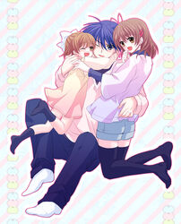  1boy 2girls affectionate antenna_hair bad_id bad_pixiv_id black_thighhighs blue_eyes blue_hair blush bow brown_eyes brown_hair clannad dango_daikazoku dress family furukawa_nagisa hair_ornament hairbow hairclip hug husband_and_wife kneeling lolicon multiple_girls okazaki_tomoya okazaki_ushio one_eye_closed open_mouth short_hair sitting smile thighhighs yuzuki_kisa 